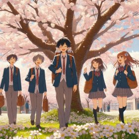 4月、春の新生活を桜の下で元気に活発に過ごす中学生たちのイラスト.jpeg
