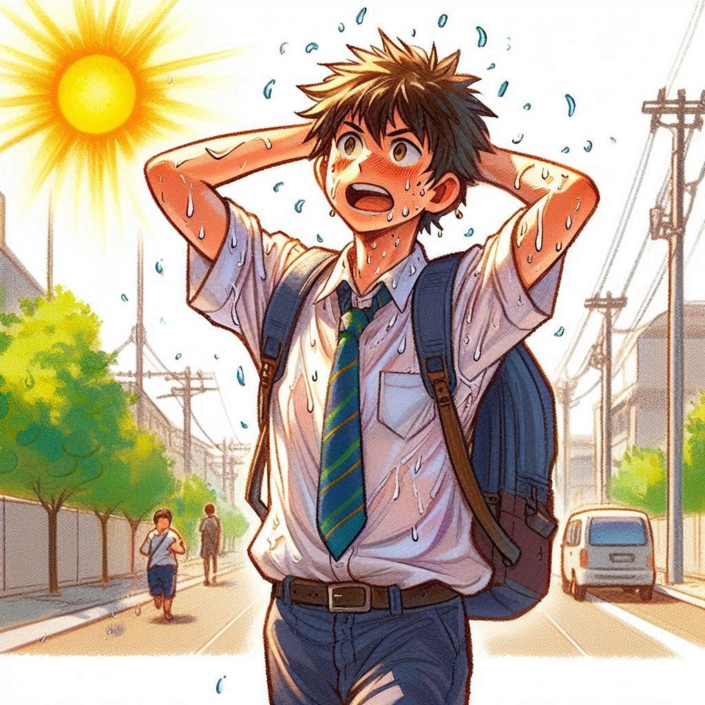 うだるような灼熱の酷暑の中、夏期講習に参加しようと塾までの道のりをかなりの汗だくで歩いている男子高校生のイラスト　学生服(夏服)を着用しつつも暑いので腕まくりをしている　歩いている屋外の道路は太陽が照.jpeg