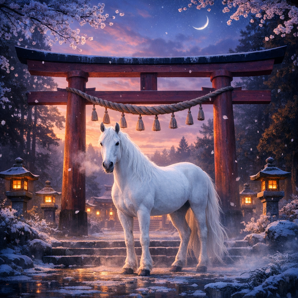 新年の神社の鳥居の前で干支である白毛の馬が佇んでいる画像 全体的に神秘的な雰囲気で時間帯は夜明け早朝.png