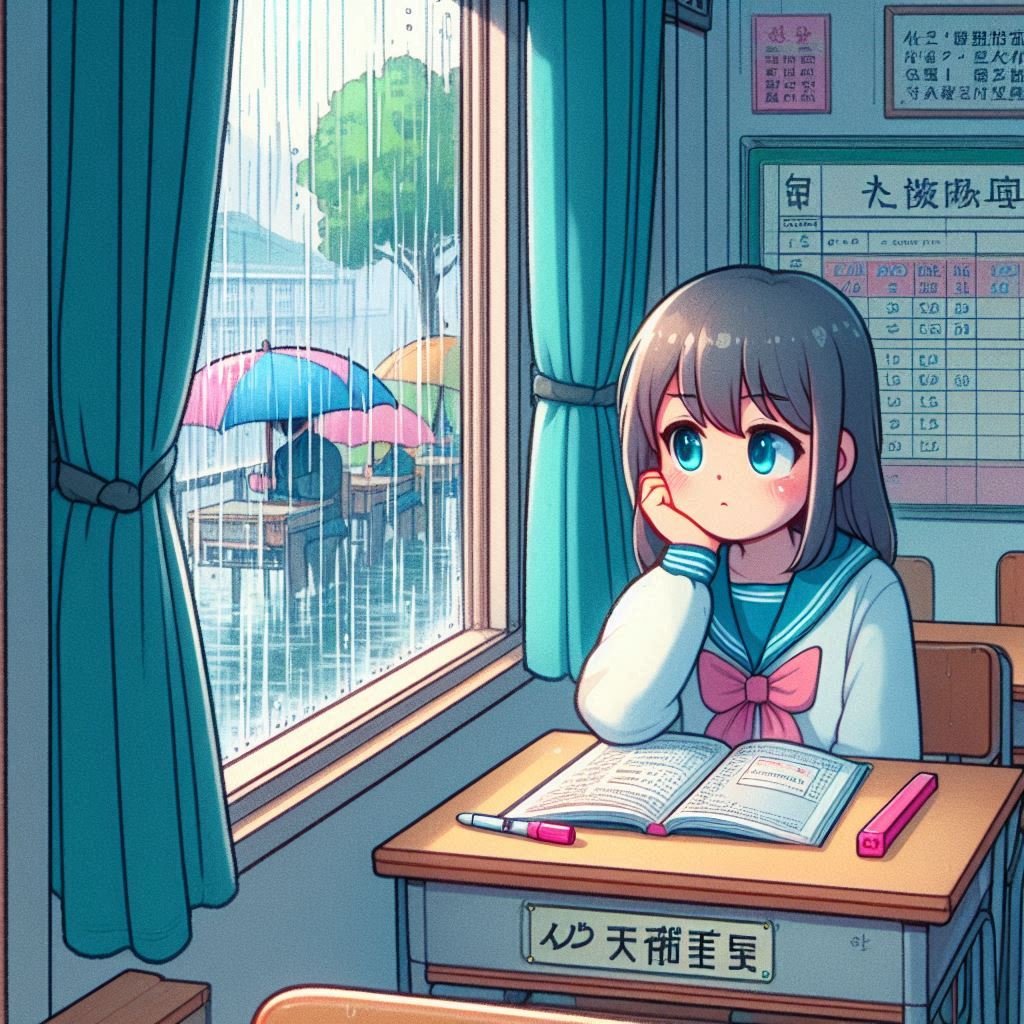 外は梅雨の雨空　雨を避けた教室の窓際の席で外を見ながらテンションが上がらずがっかりした表情の受験生　手には青い表紙の単語帳と蛍光ピンクのマーカー　.jpeg