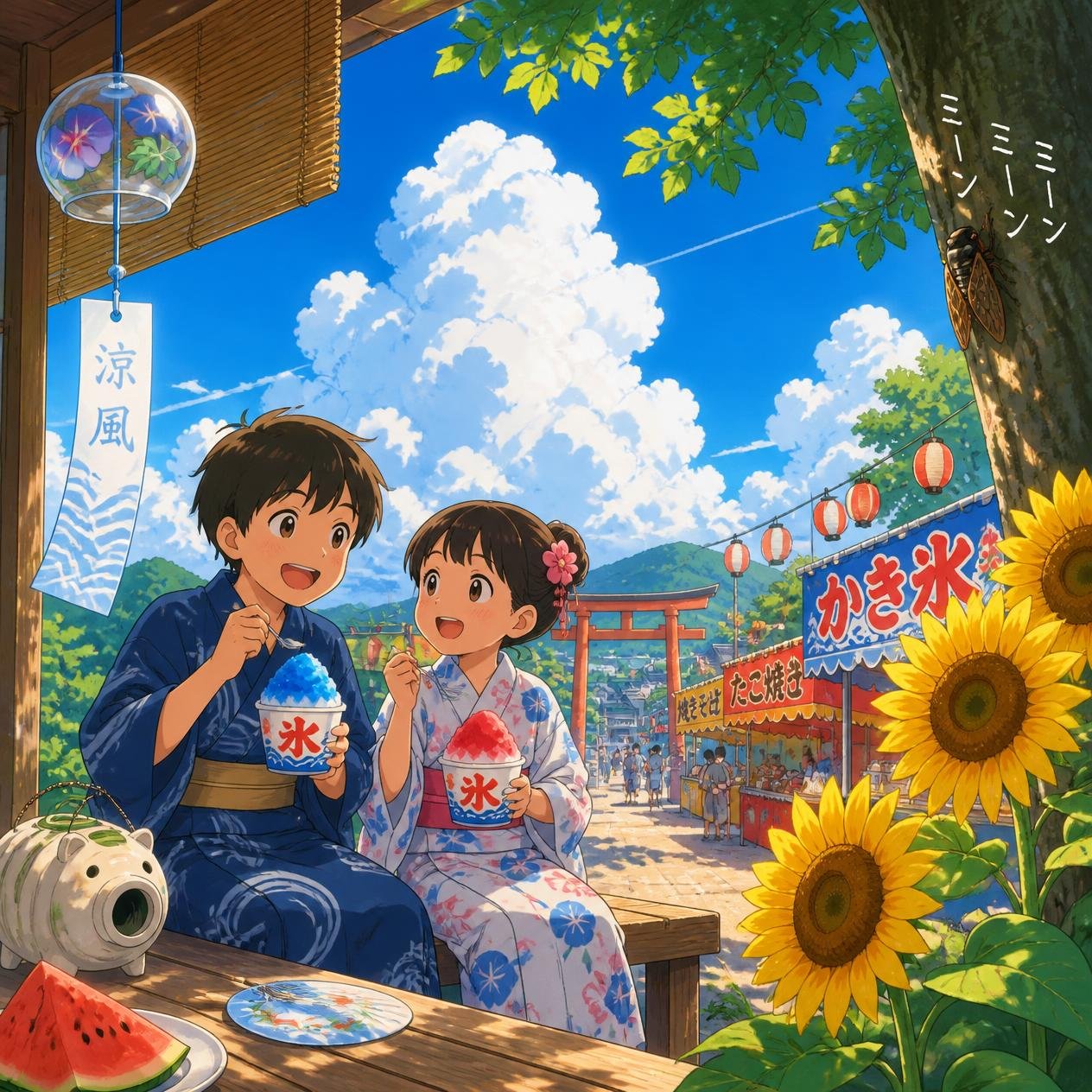 日本の夏休みをテーマにした、明るく親しみやすいイメージイラスト。風鈴、ひまわり、青空、入道雲、浴衣、縁日、かき氷、セミの鳴き声を感じる夏の情景。.jpg