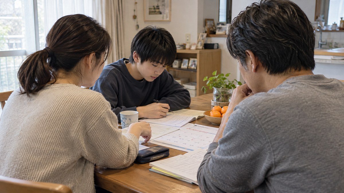 保護者と子どもが予定表を見ながら相談する写真風イメージ