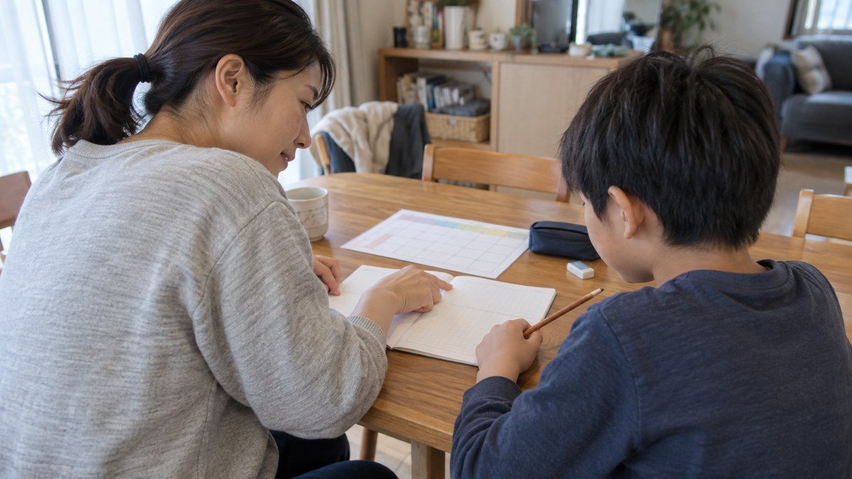 保護者と小学生がノートと週間予定を見ながら学習計画を考える写真風イメージ